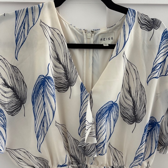 Reiss Cream and Blue Leaf Print Midi Dress with cold shoulders - Picture 3 of 5
